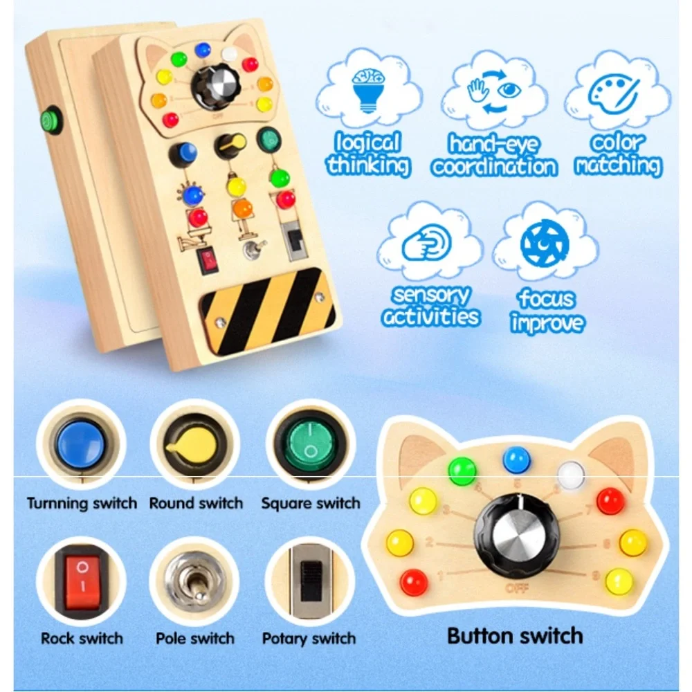 Toddler Montessori Travel Toys - Wooden Busy Board with LED Light,Switch…